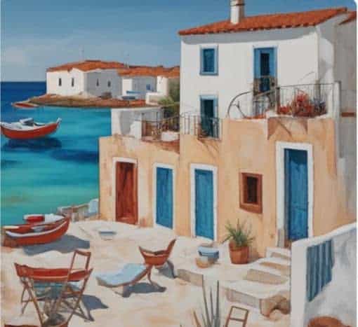 exposiciones de arte en formentera Cuadro pintado al óleo de una zona costera de formentera donde se pueden encontrar exposiones de arte